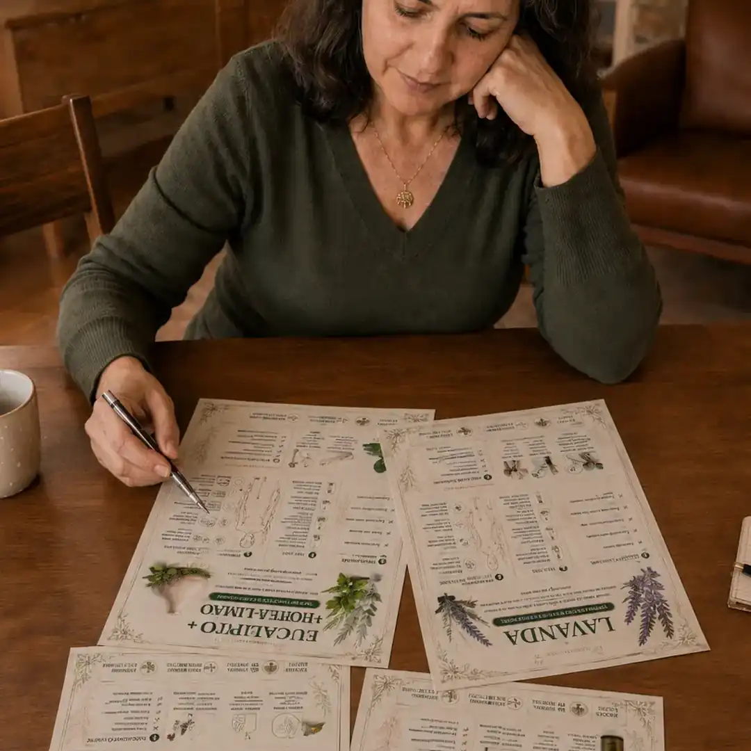 Mulher consultando protocolos visuais impressos sobre uma mesa